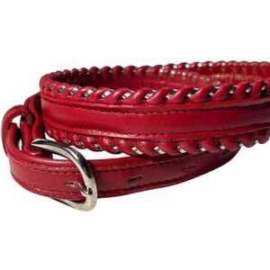 DunDee Red Full Grain Leather Braided Edge Belt Silver Buckle Sz 28 USA 226 Vtg
